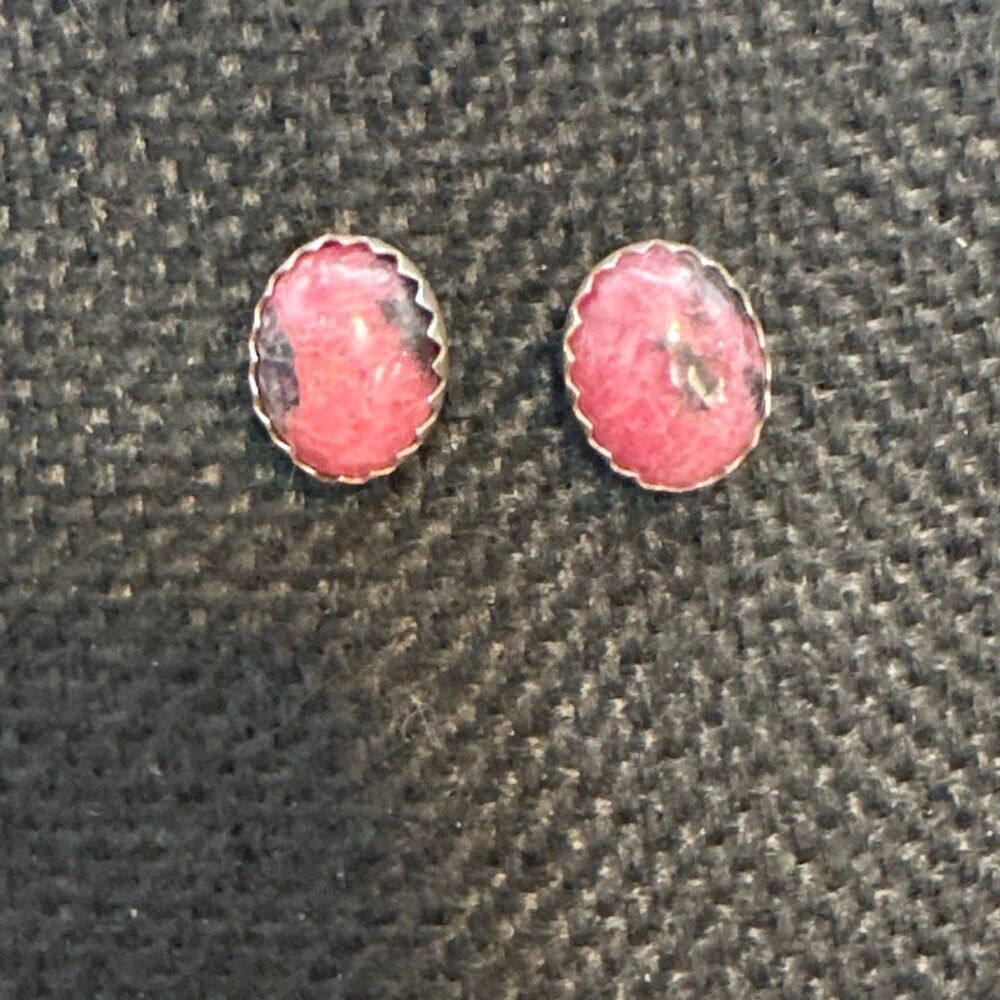 Pink Rhodochrosite and Black Onyx Stud Earrings, NEW, Handmade